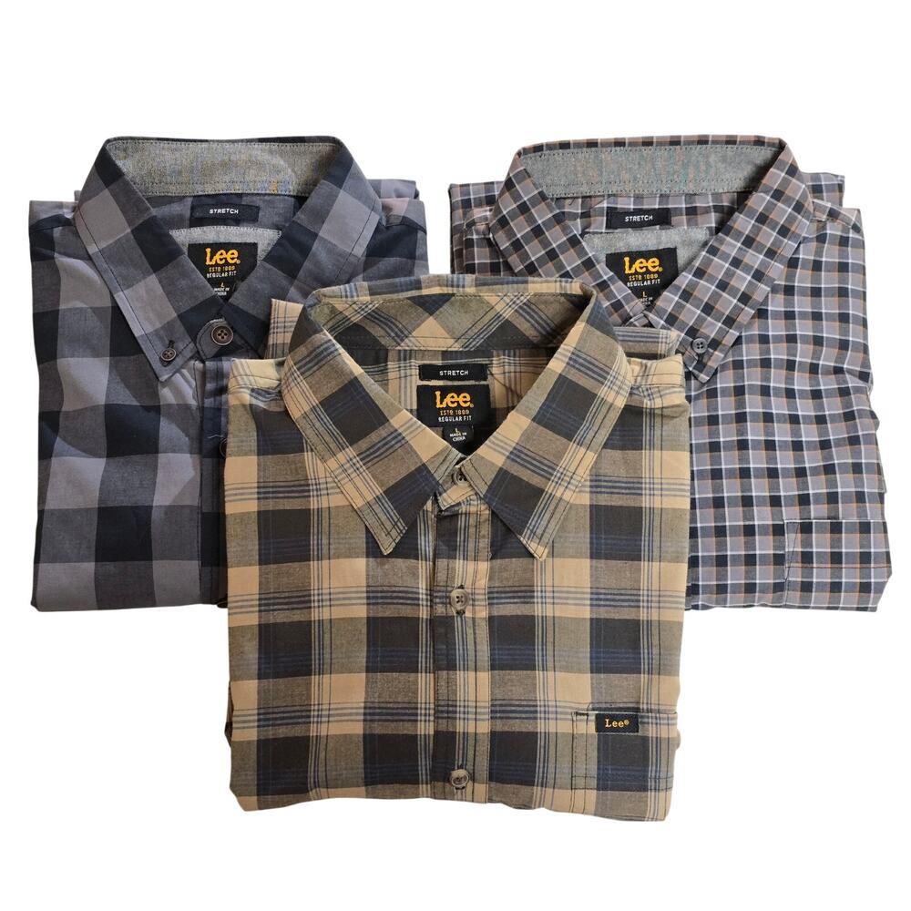 Lee Button Down Shirt Lot 3 Mens Large Plaid Stretch Regular Fit